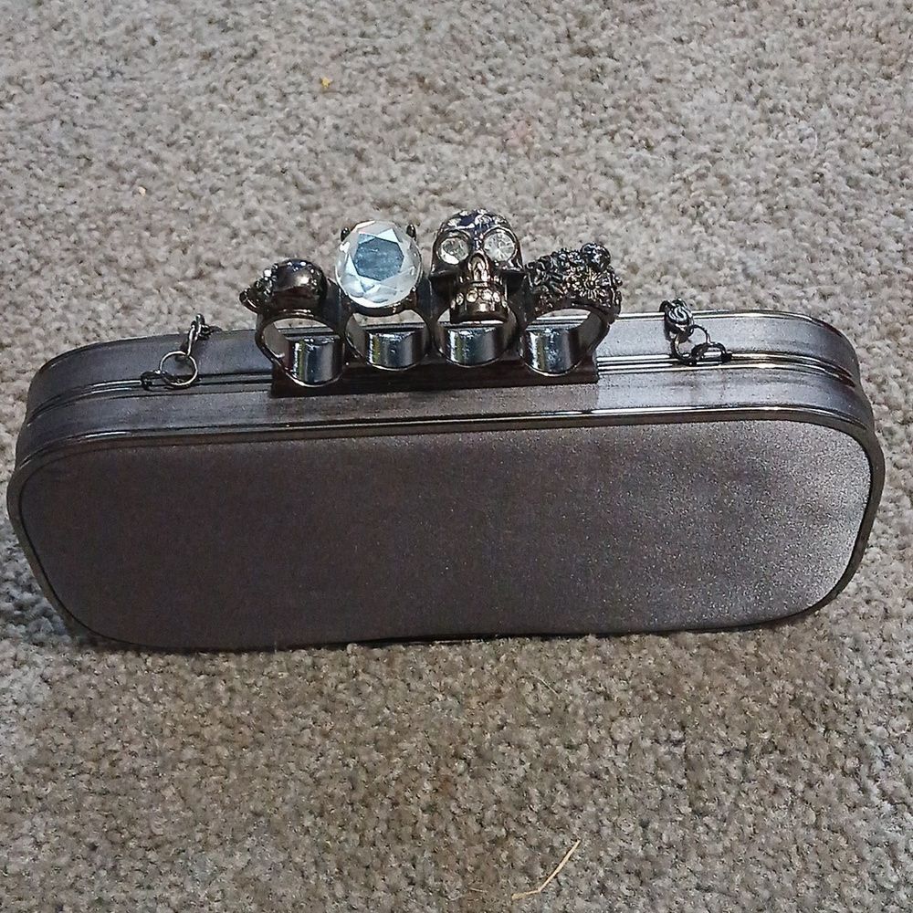 McQueen Style Jeweled/Skull Gray/Chrome Clutch Bag w/Chair strap